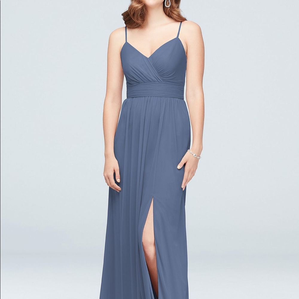 David’s Bridal Spaghetti Strap Ruched Waist Mesh Bridesmaid Dress F19944